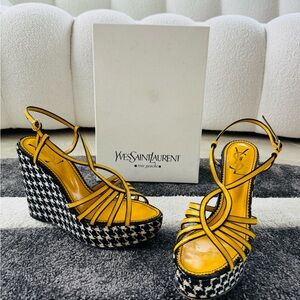 Vintage Yves Saint Laurent Yellow Women's houndstooth Wedge Sandals